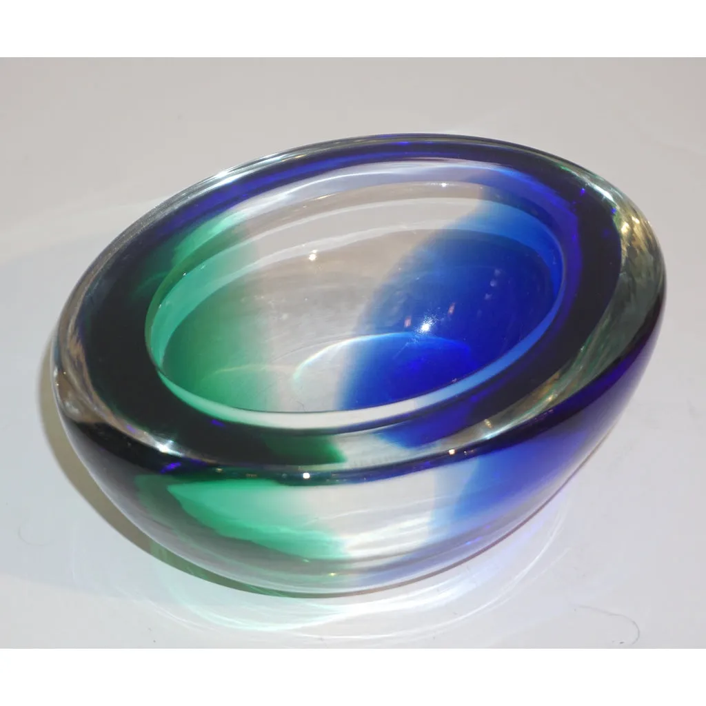 Venini 1970s Italian Murano Glass Geometric Oval Blue Green Murano Glass Bowl 