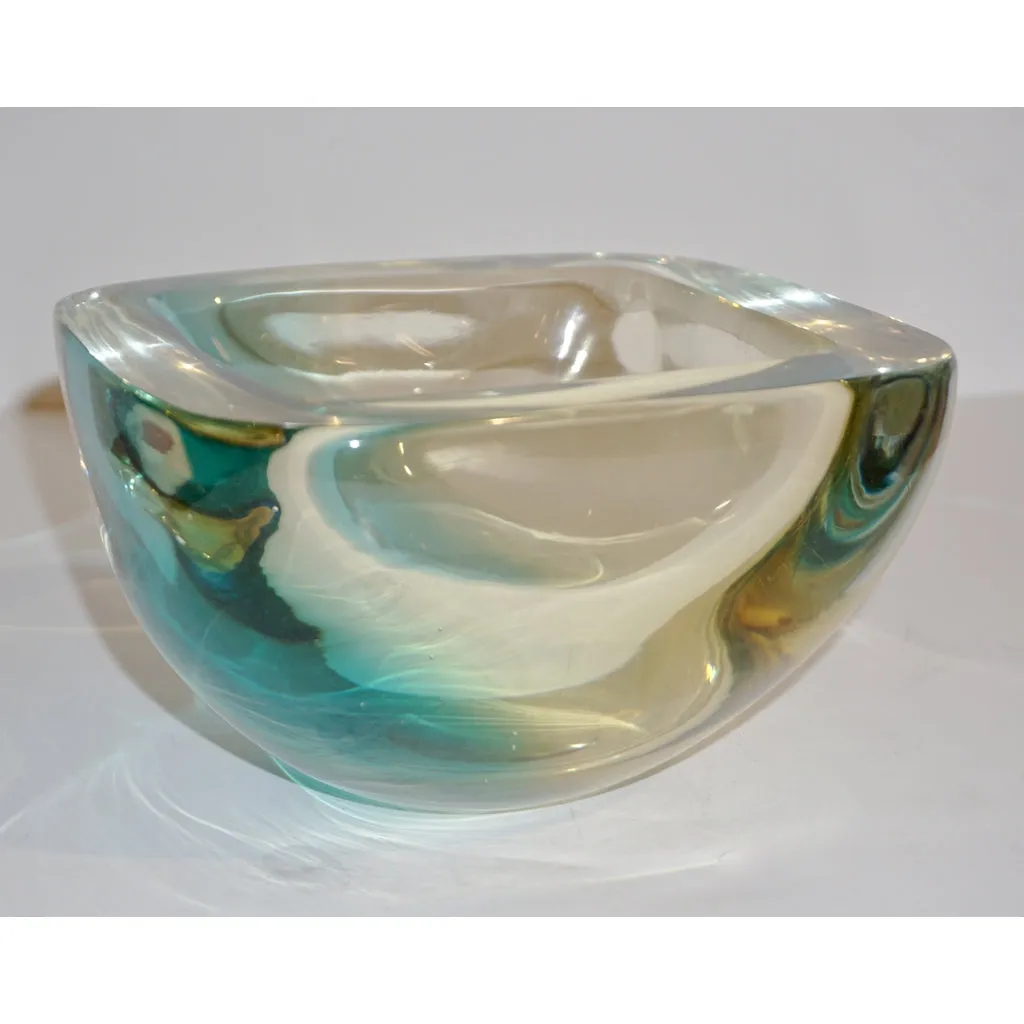 Venini 1970s Italian Square Golden Yellow and Acqua Green Murano Glass Bowl