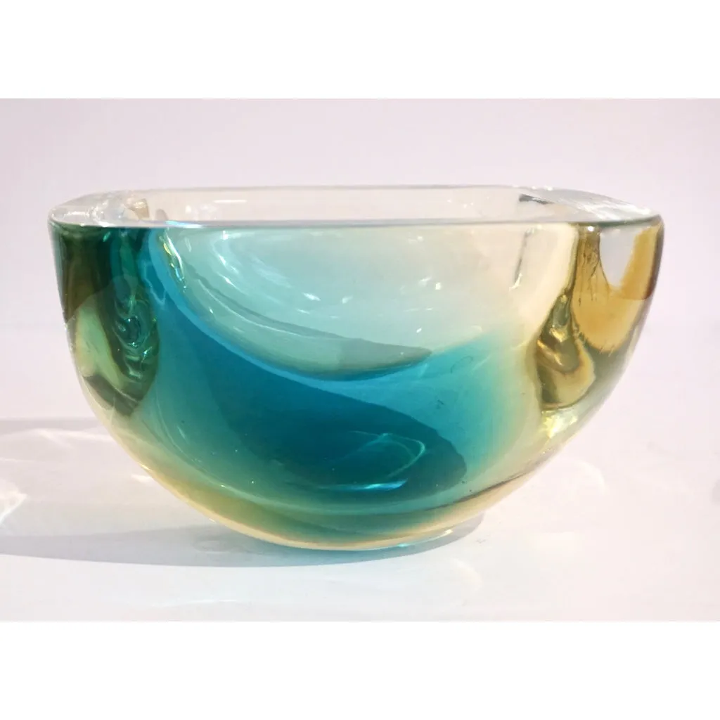 Venini 1970s Italian Square Golden Yellow and Acqua Green Murano Glass Bowl