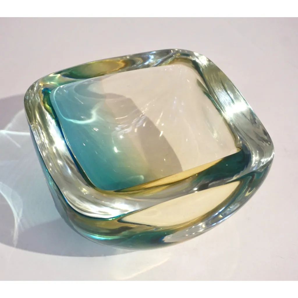 Venini 1970s Italian Square Golden Yellow and Acqua Green Murano Glass Bowl