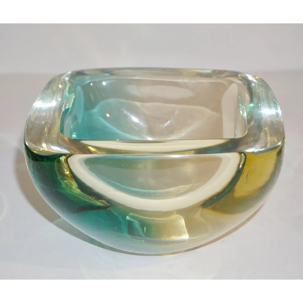 Venini 1970s Italian Square Golden Yellow and Acqua Green Murano Glass Bowl