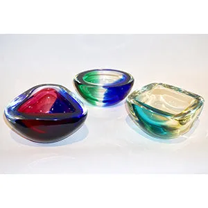 Venini 1970s Italian Square Golden Yellow and Acqua Green Murano Glass Bowl