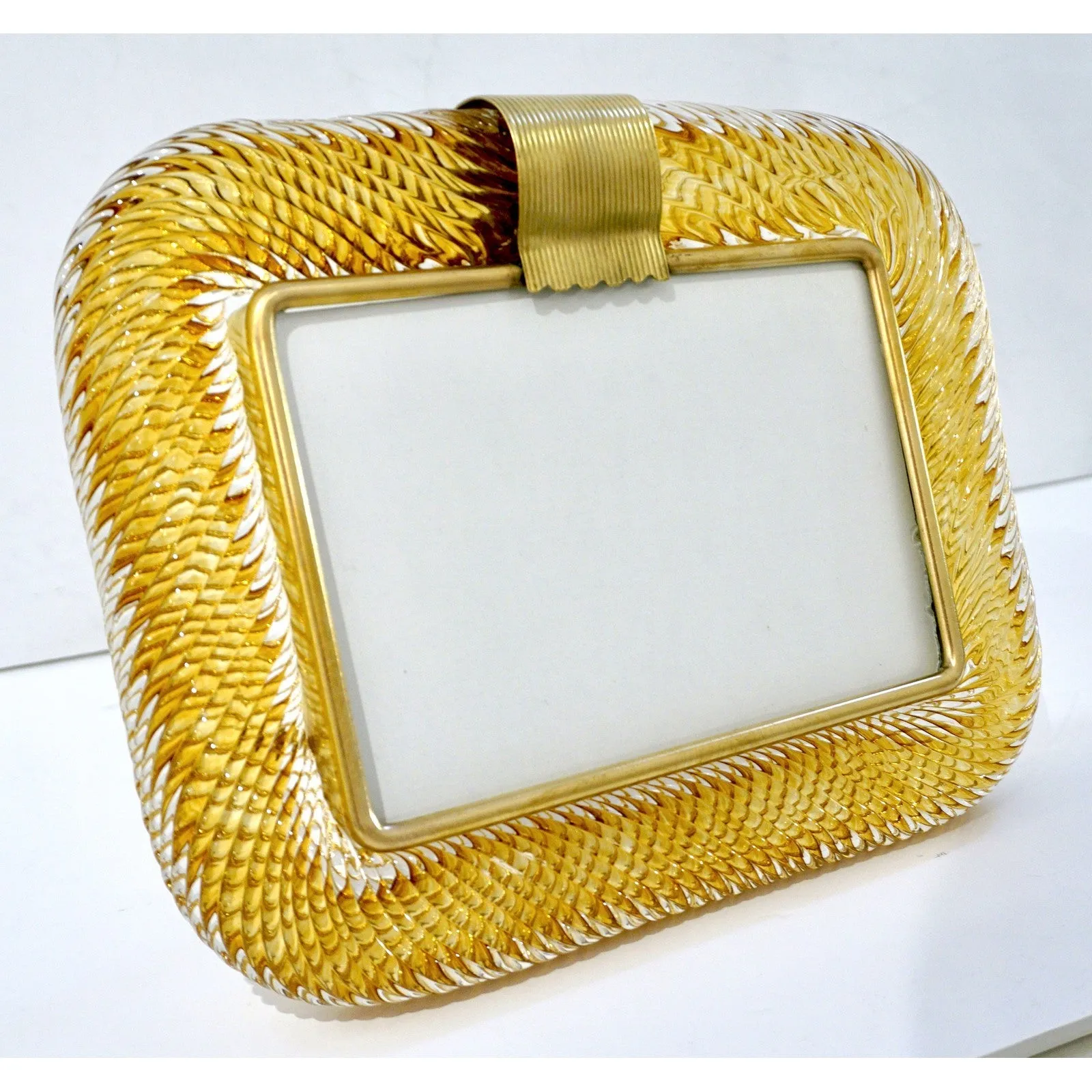Venini 1980s Italian Vintage Amber Gold Murano Glass and Brass Photo Frame 
