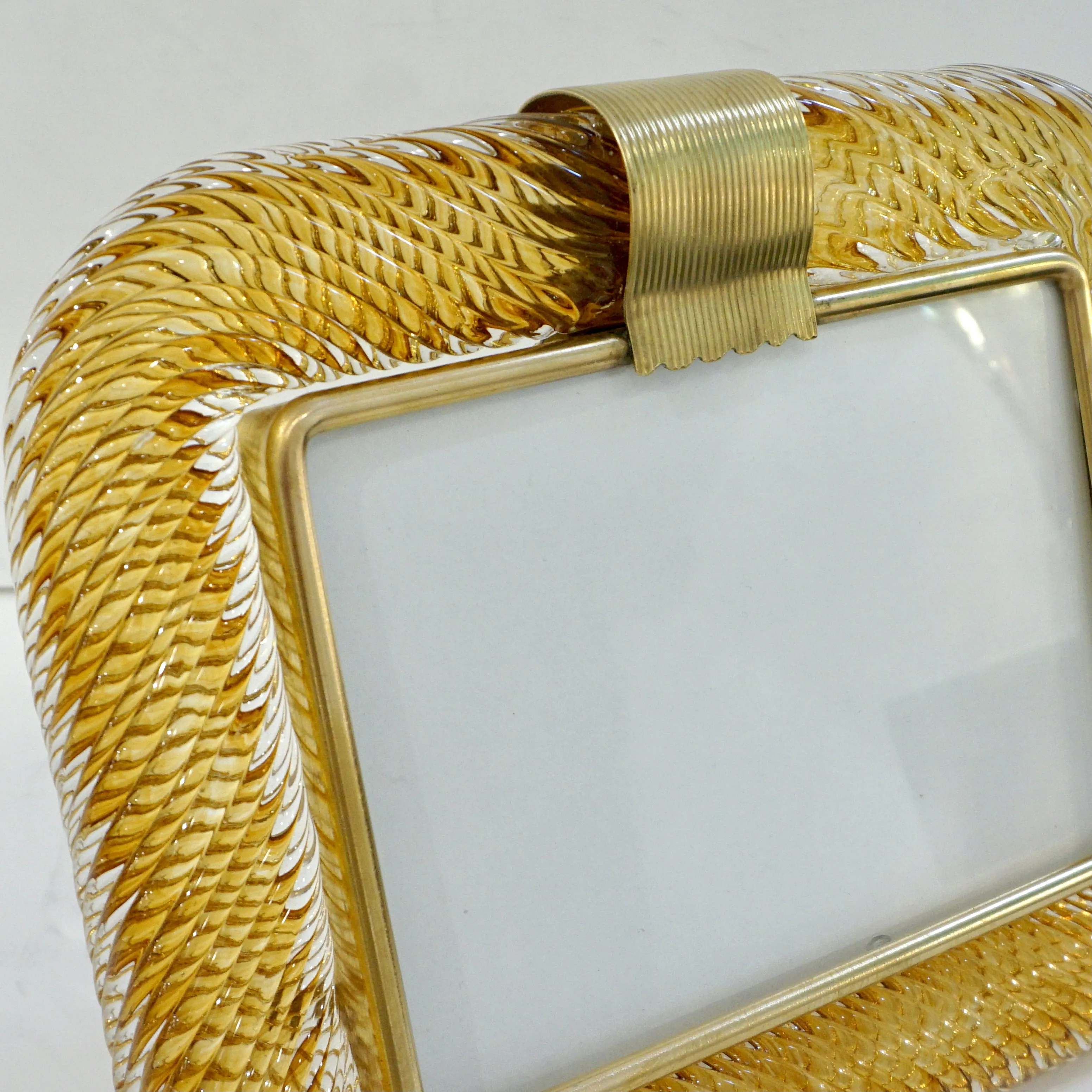 Venini 1980s Italian Vintage Amber Gold Murano Glass and Brass Photo Frame