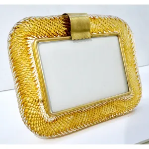 Venini 1980s Italian Vintage Amber Gold Murano Glass and Brass Photo Frame 