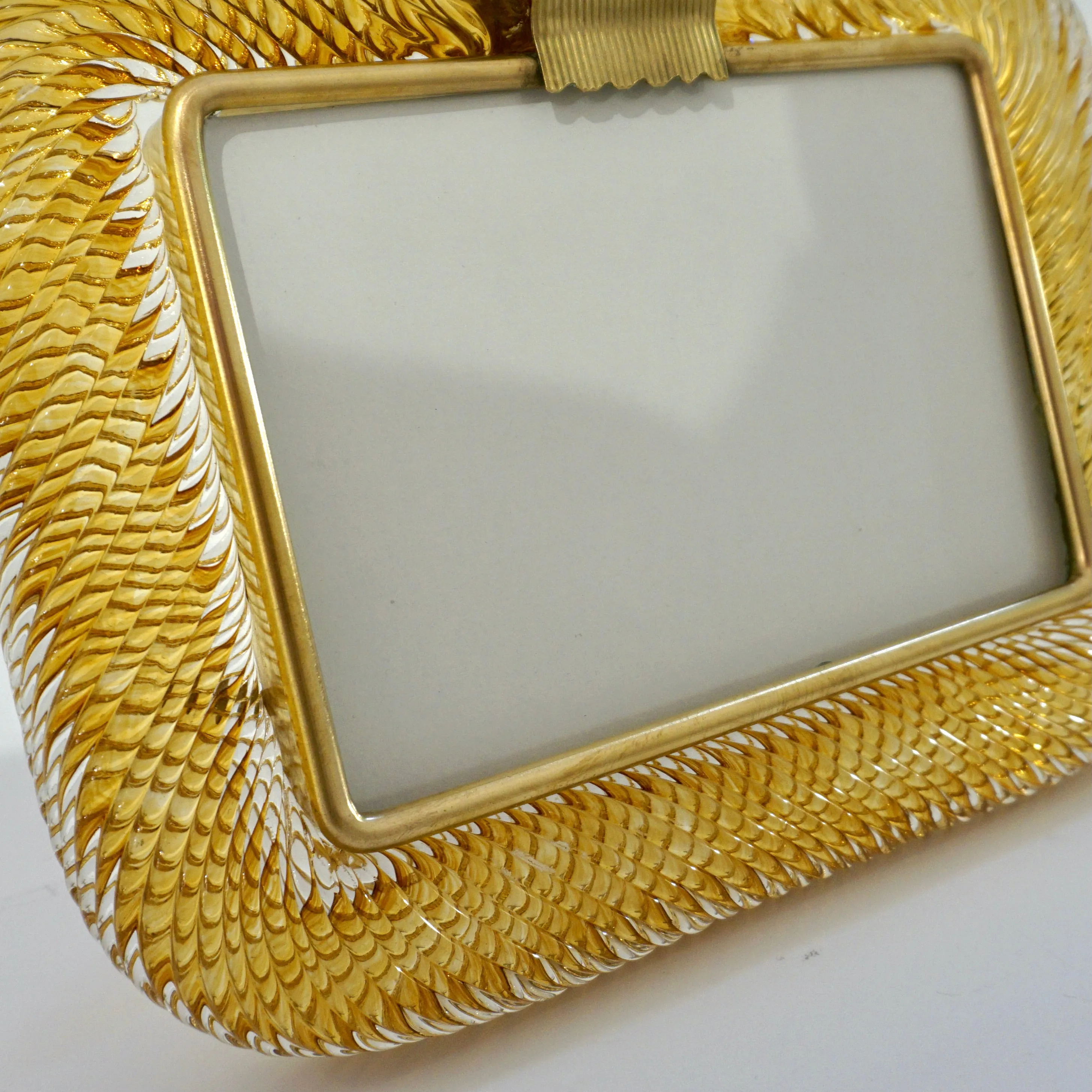 Venini 1980s Italian Vintage Amber Gold Murano Glass and Brass Photo Frame