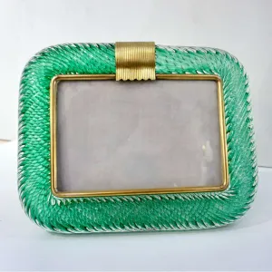Venini 1980s Italian Vintage Emerald Green Murano Glass and Brass Photo Frame 