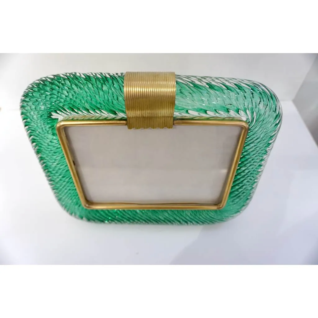 Venini 1980s Italian Vintage Emerald Green Murano Glass and Brass Photo Frame
