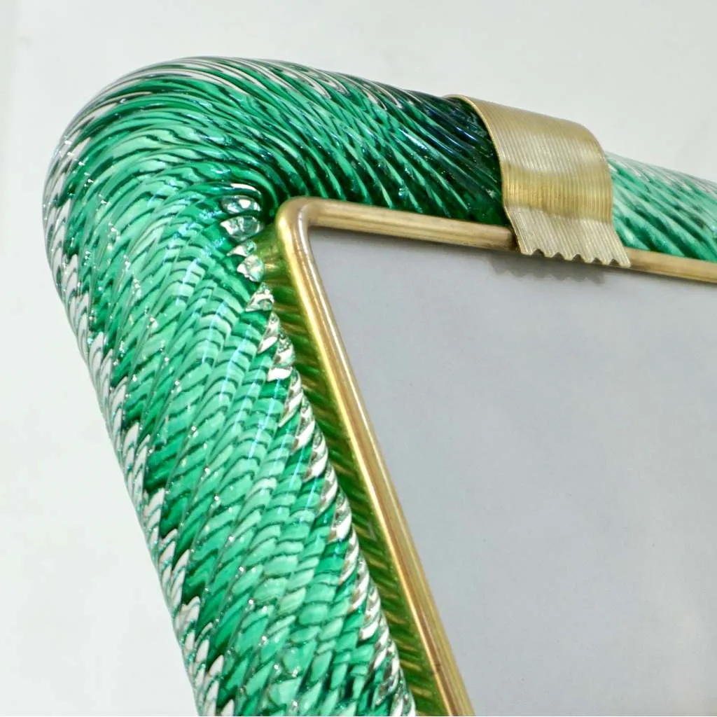 Venini 1980s Italian Vintage Emerald Green Murano Glass and Brass Photo Frame