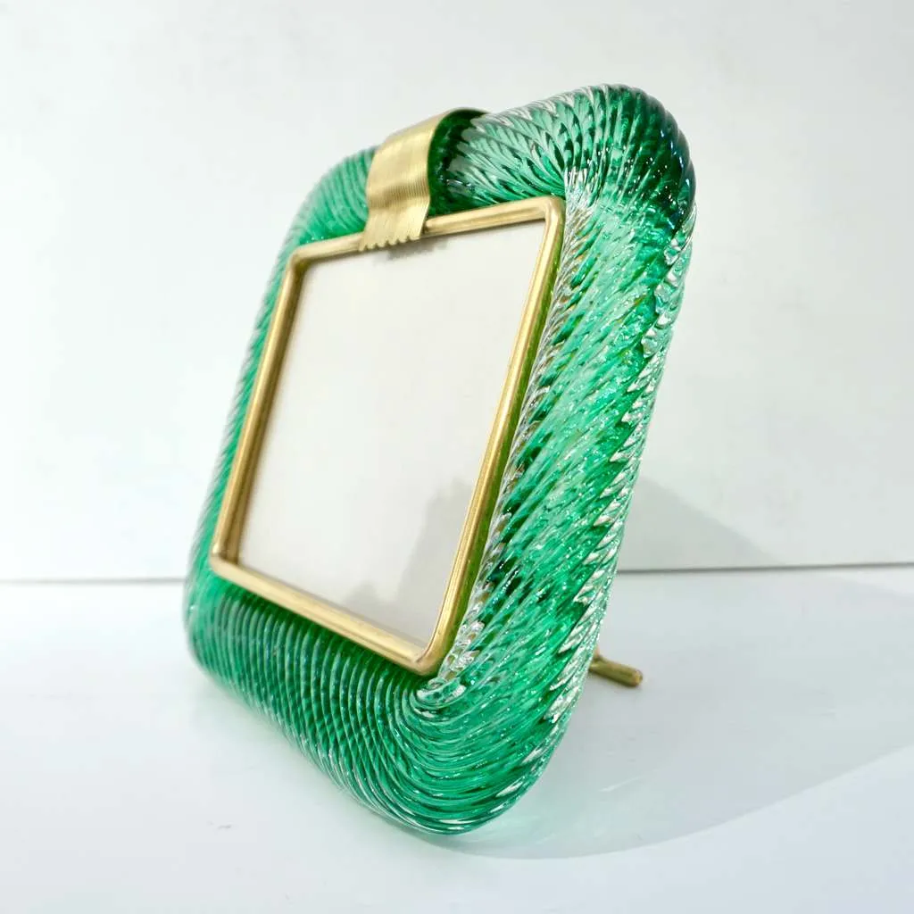Venini 1980s Italian Vintage Emerald Green Murano Glass and Brass Photo Frame
