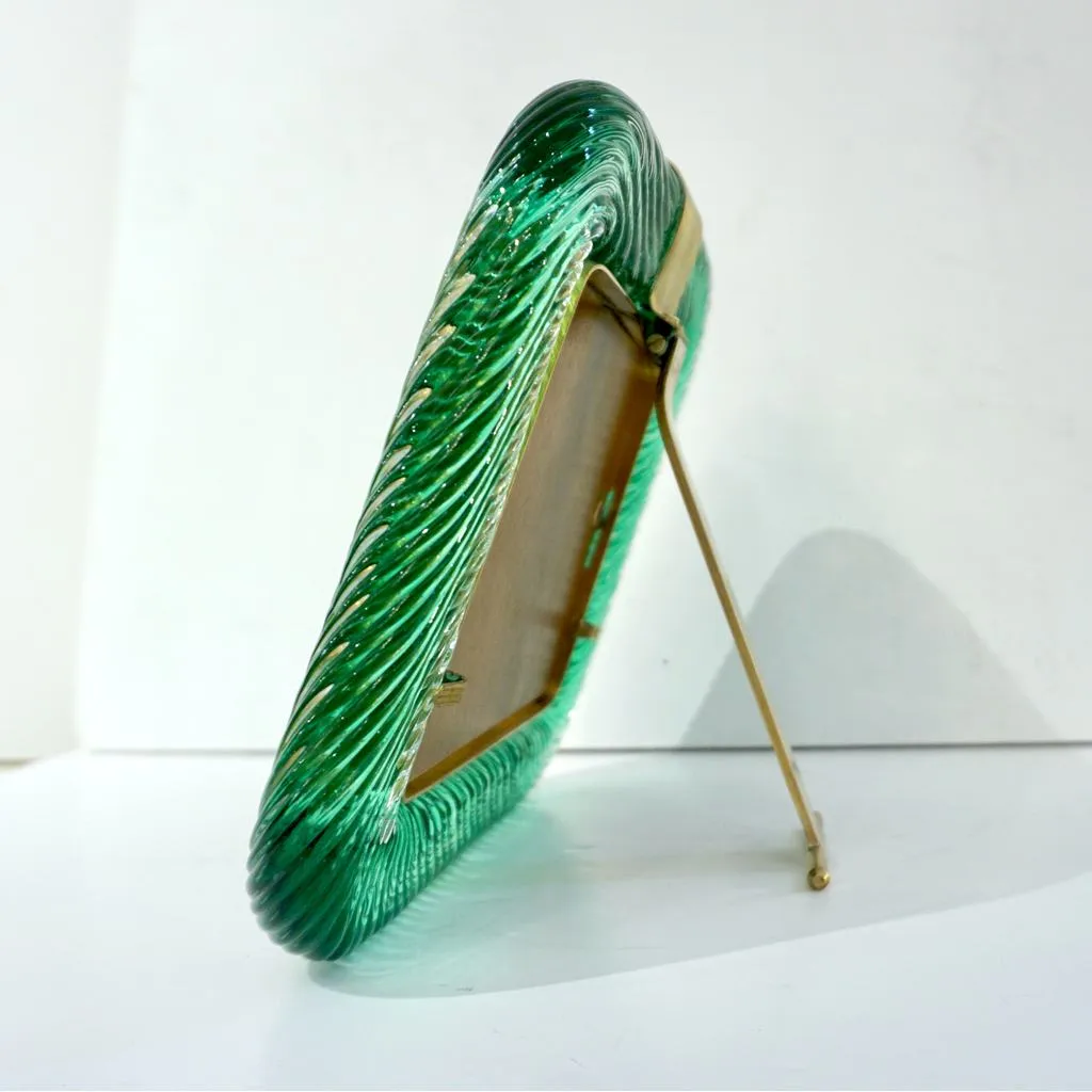 Venini 1980s Italian Vintage Emerald Green Murano Glass and Brass Photo Frame