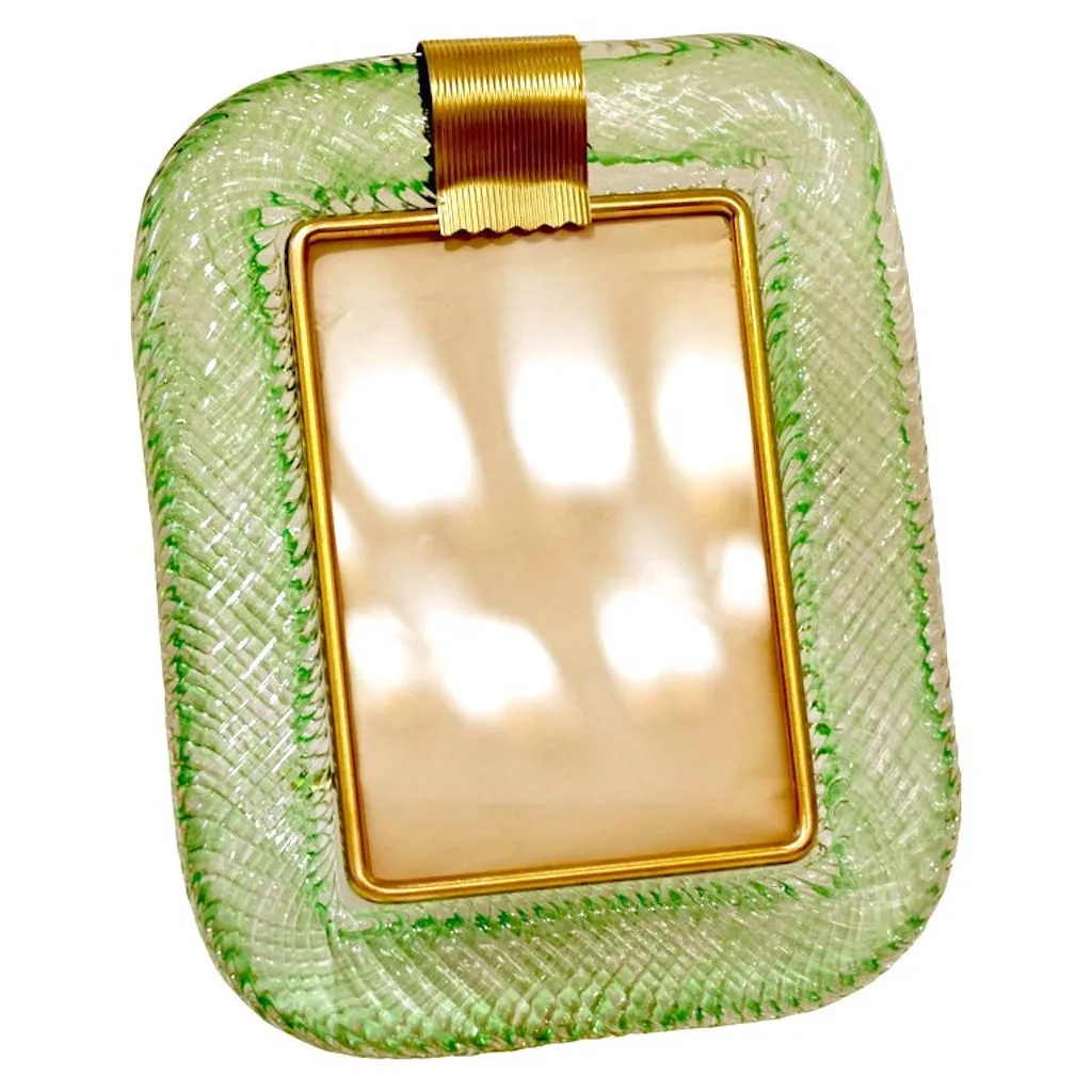Venini 1980s Italian Vintage Emerald Green Murano Glass and Brass Picture Frame 