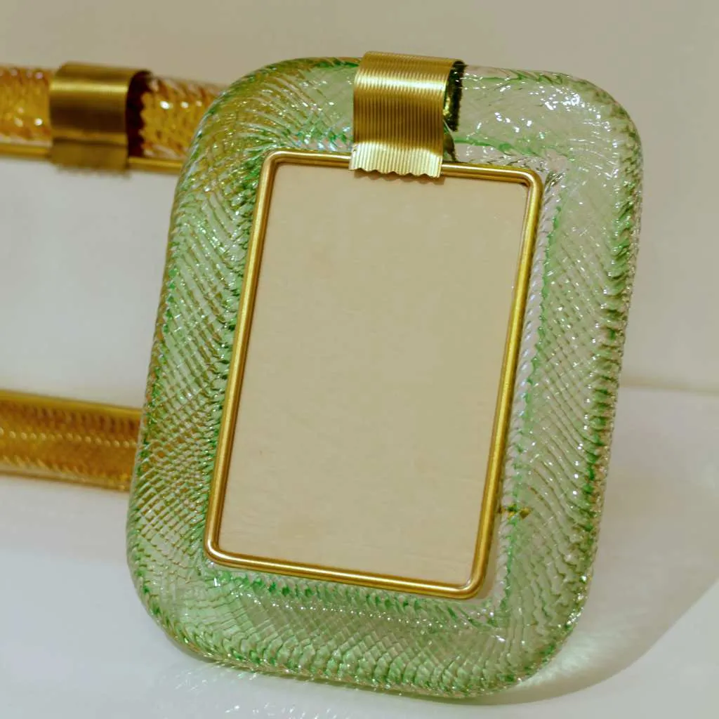 Venini 1980s Italian Vintage Emerald Green Murano Glass and Brass Picture Frame