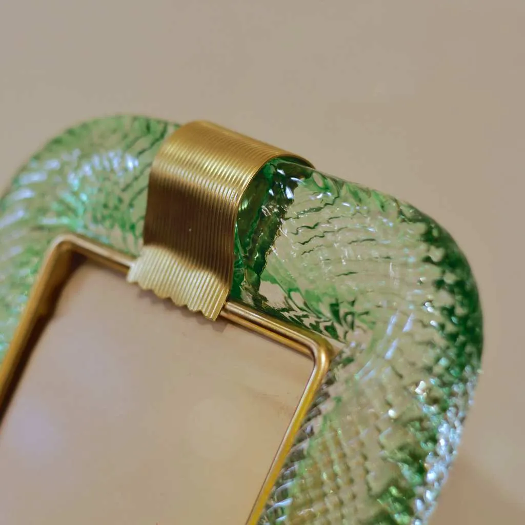 Venini 1980s Italian Vintage Emerald Green Murano Glass and Brass Picture Frame