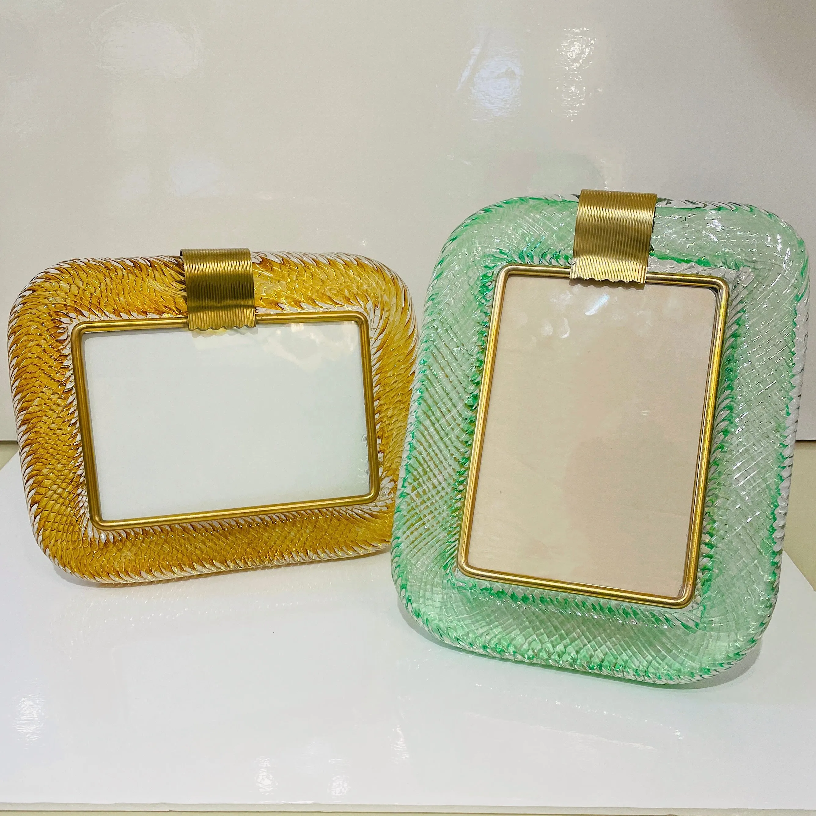 Venini 1980s Italian Vintage Emerald Green Murano Glass and Brass Picture Frame
