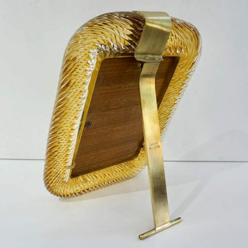 Venini 1980s Italian Vintage Tall Amber Gold Murano Glass and Brass Photo Frame