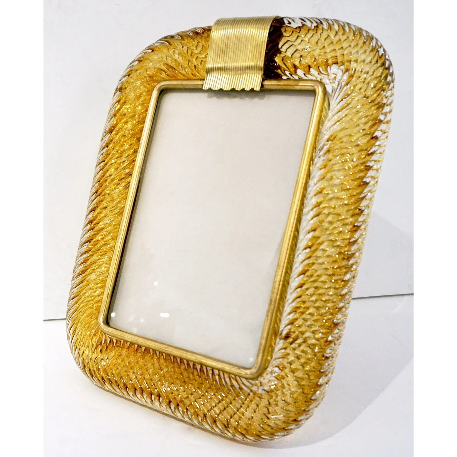 Venini 1980s Italian Vintage Tall Amber Gold Murano Glass and Brass Photo Frame 