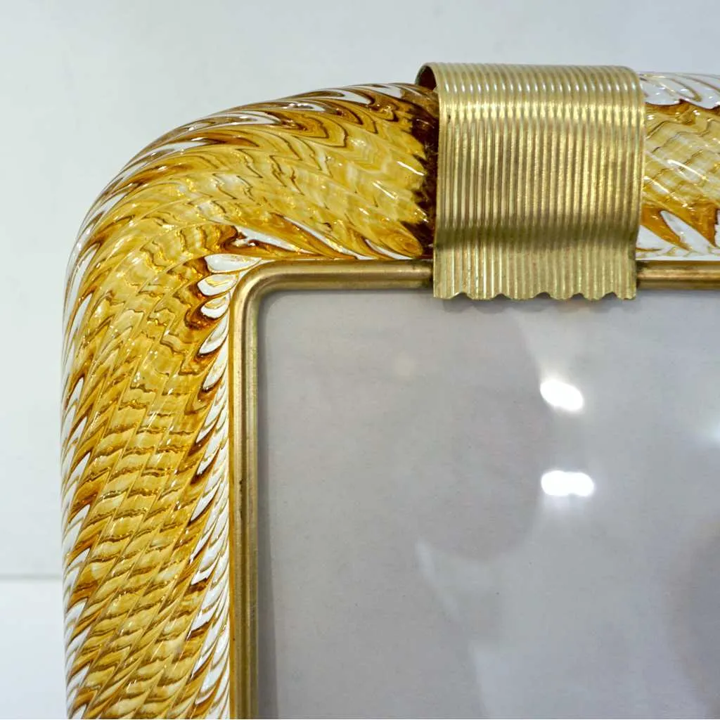 Venini 1980s Italian Vintage Tall Amber Gold Murano Glass and Brass Photo Frame