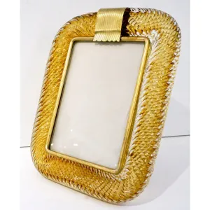Venini 1980s Italian Vintage Tall Amber Gold Murano Glass and Brass Photo Frame 