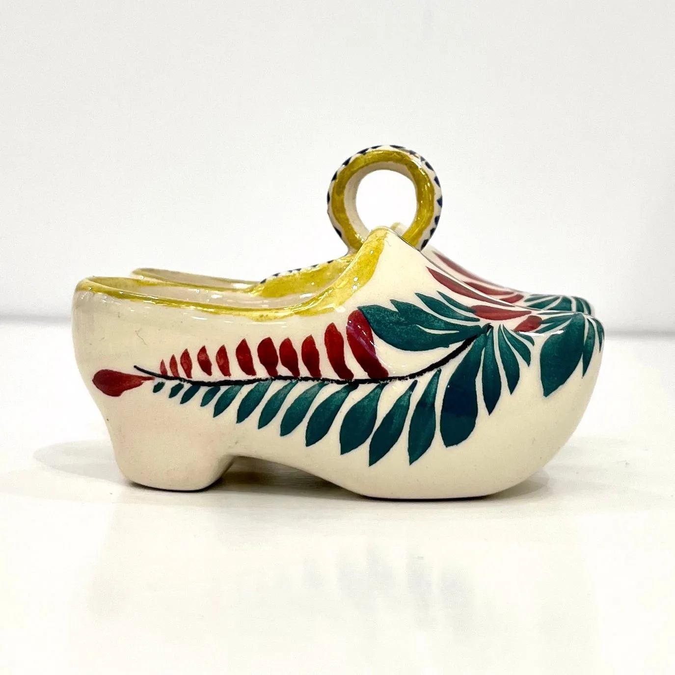 Vintage French HB Majolica Pottery Red Green Cream Clogs Salt & Pepper Holder
