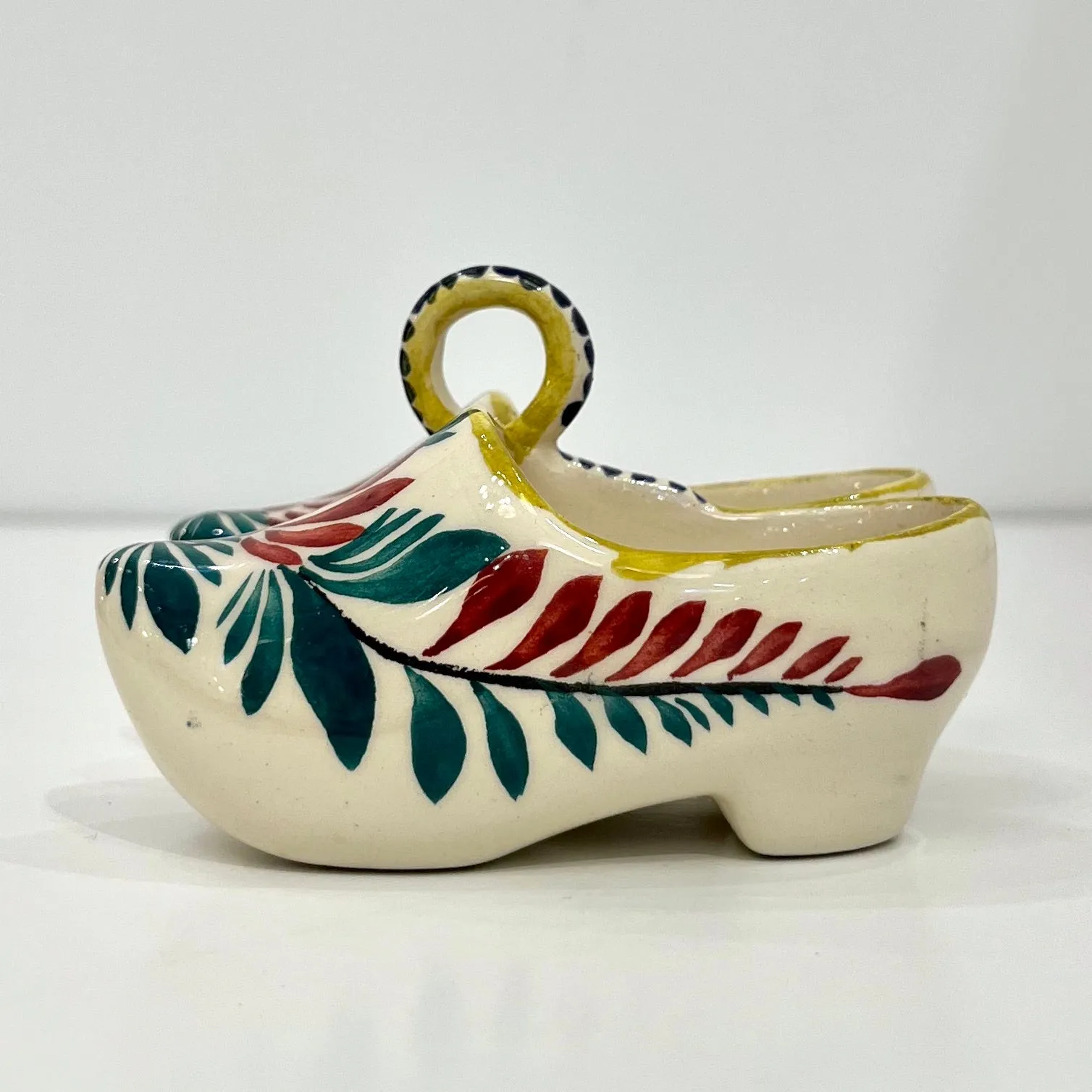 Vintage French HB Majolica Pottery Red Green Cream Clogs Salt & Pepper Holder