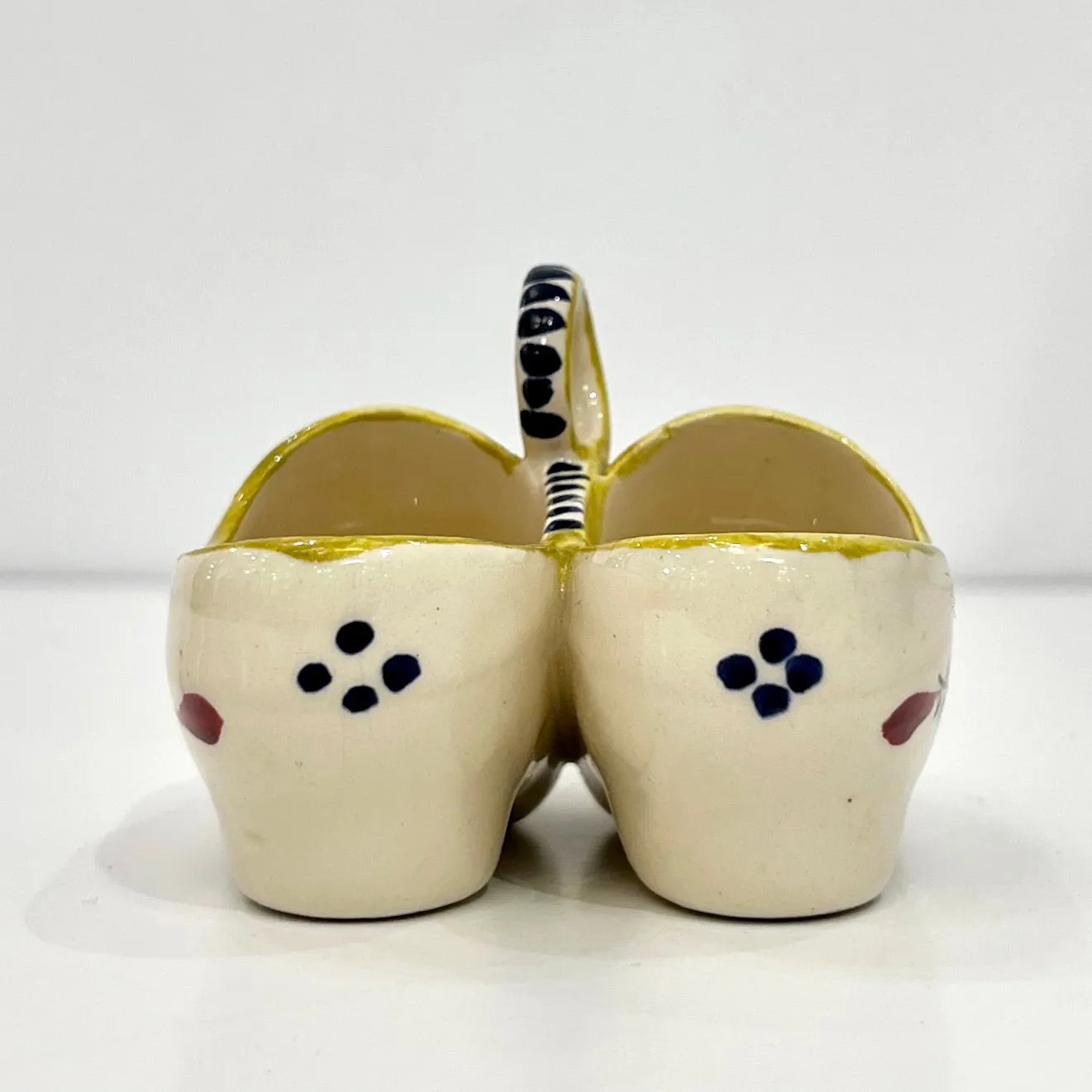 Vintage French HB Majolica Pottery Red Green Cream Clogs Salt & Pepper Holder