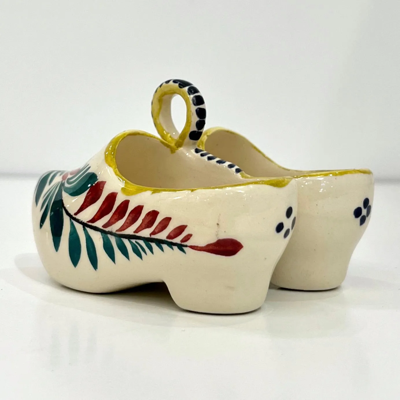 Vintage French HB Majolica Pottery Red Green Cream Clogs Salt & Pepper Holder