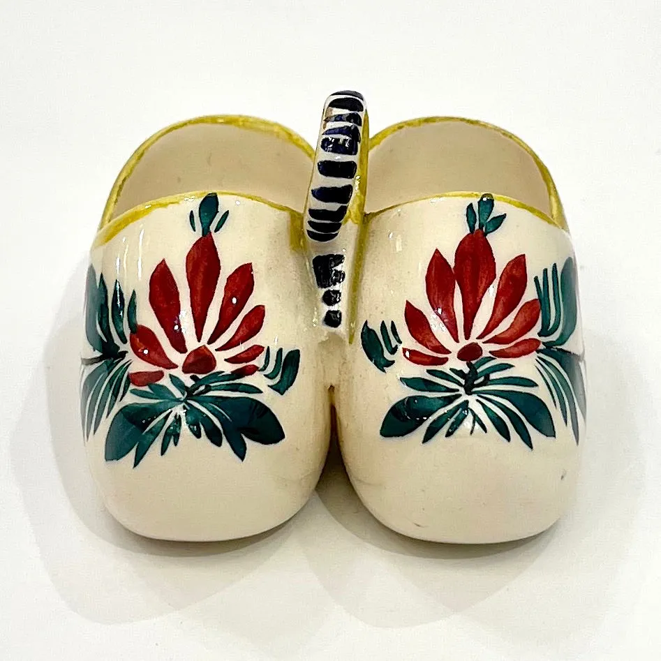 Vintage French HB Majolica Pottery Red Green Cream Clogs Salt & Pepper Holder