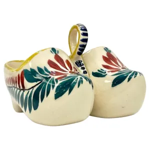 Vintage French HB Majolica Pottery Red Green Cream Clogs Salt & Pepper Holder 
