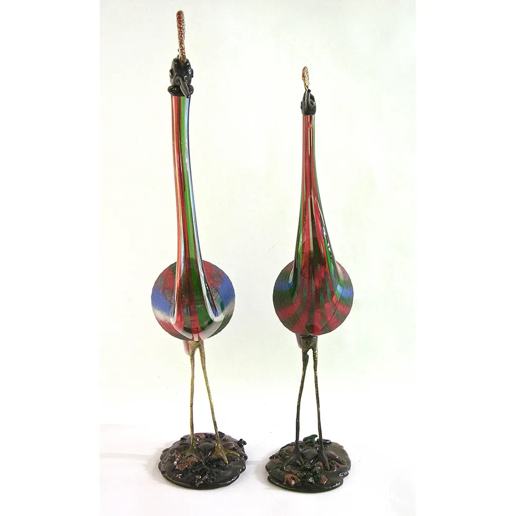 Vintage Italian Tall Red Blue Green White Glass Crested Bird Sculpture