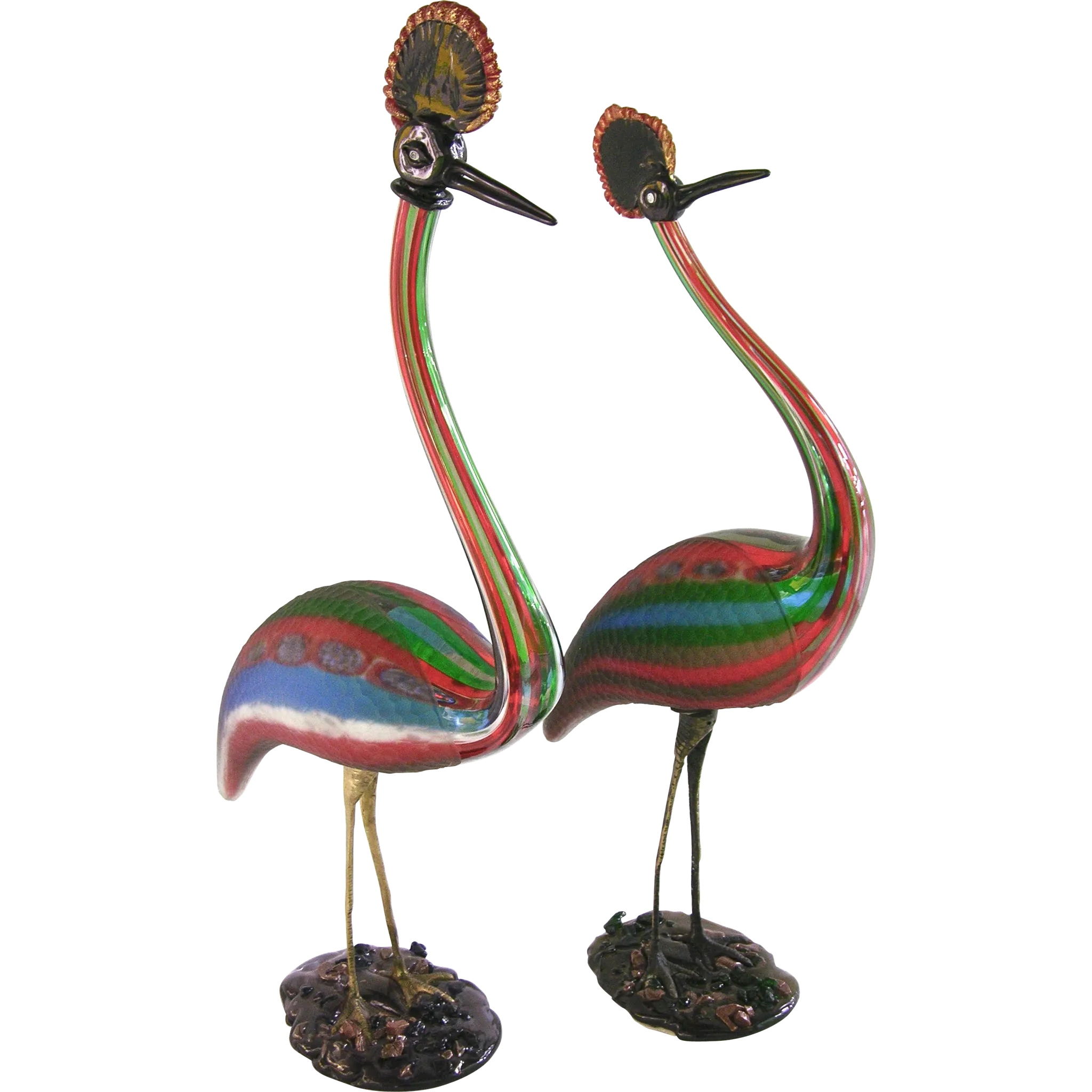Vintage Italian Tall Red Blue Green White Glass Crested Bird Sculpture
