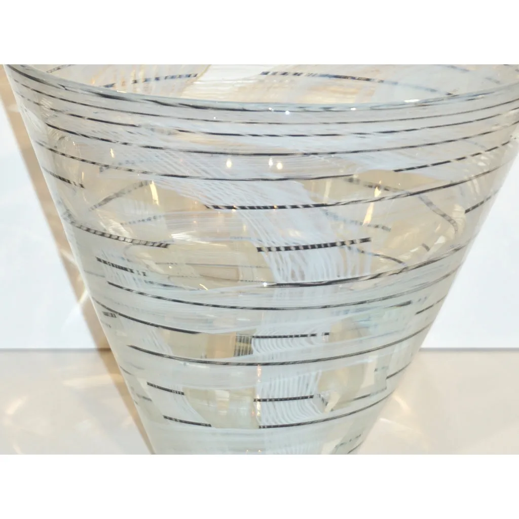 Vintage Venini Pair of Crystal Murano Glass Black White Murrine Art Deco Vases