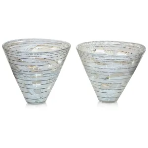 Vintage Venini Pair of Crystal Murano Glass Black White Murrine Art Deco Vases 
