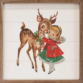 Vintage Deer With Girl Wood Framed Print 