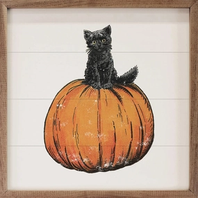 Vintage Halloween Cat On Pumpkin Wood Framed Print 