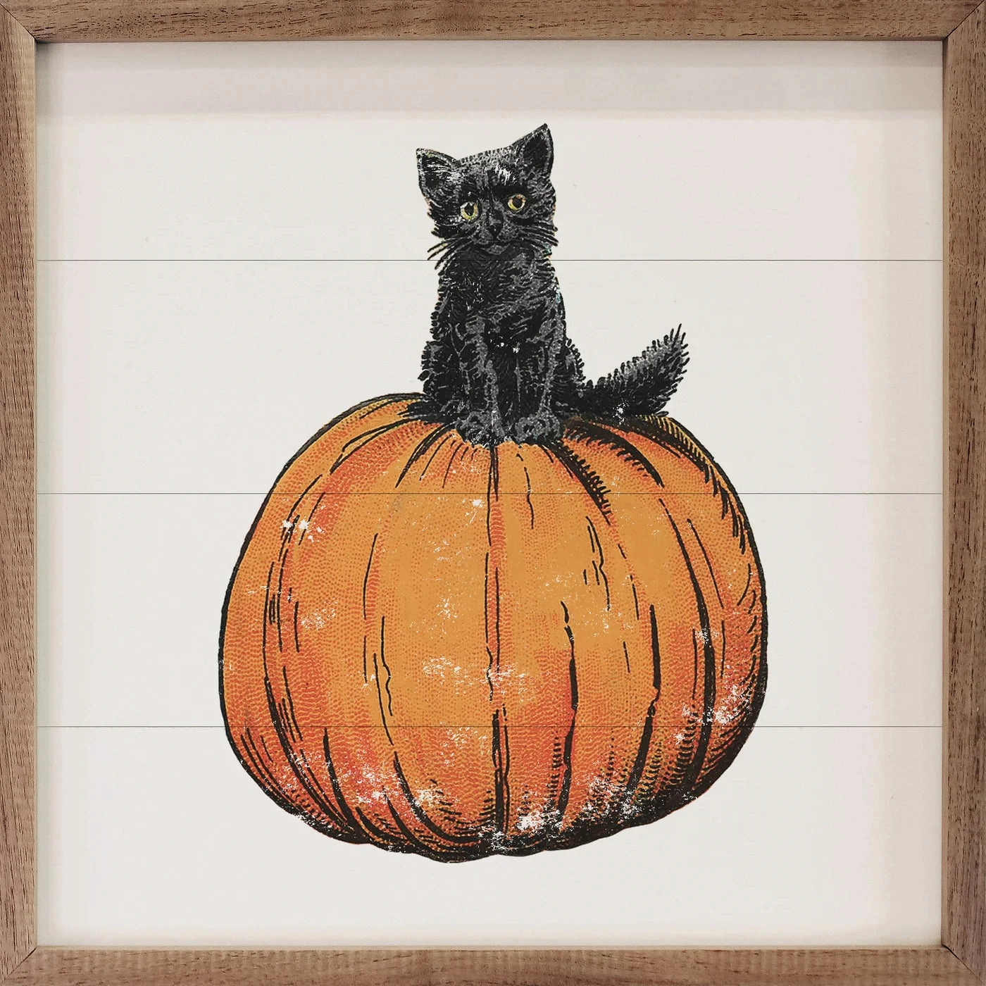 Vintage Halloween Cat On Pumpkin Wood Framed Print 