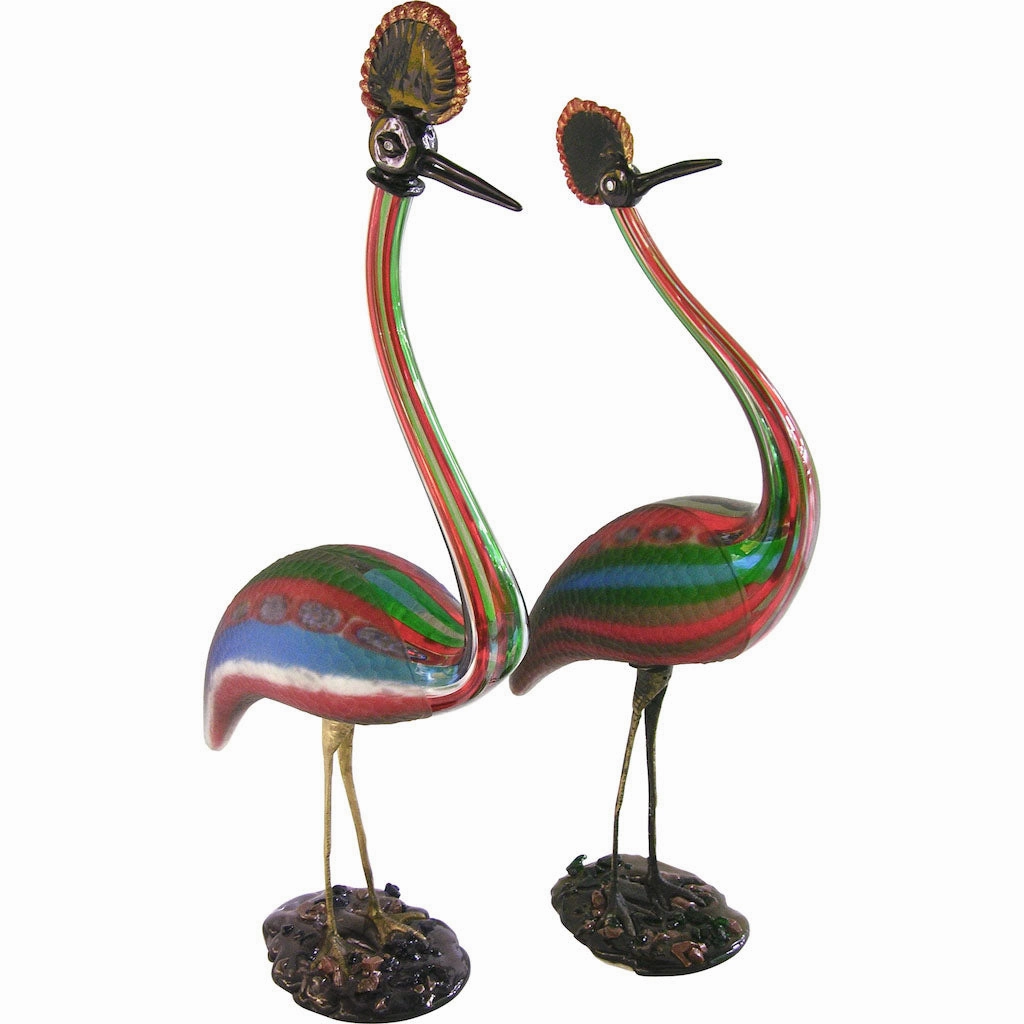Vintage Italian Tall Red Blue Green Glass Crested Bird Sculpture