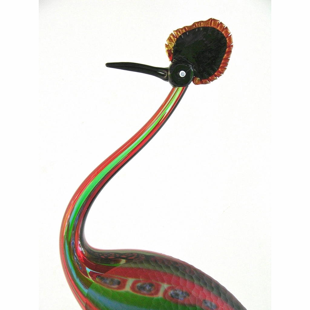 Vintage Italian Tall Red Blue Green Glass Crested Bird Sculpture