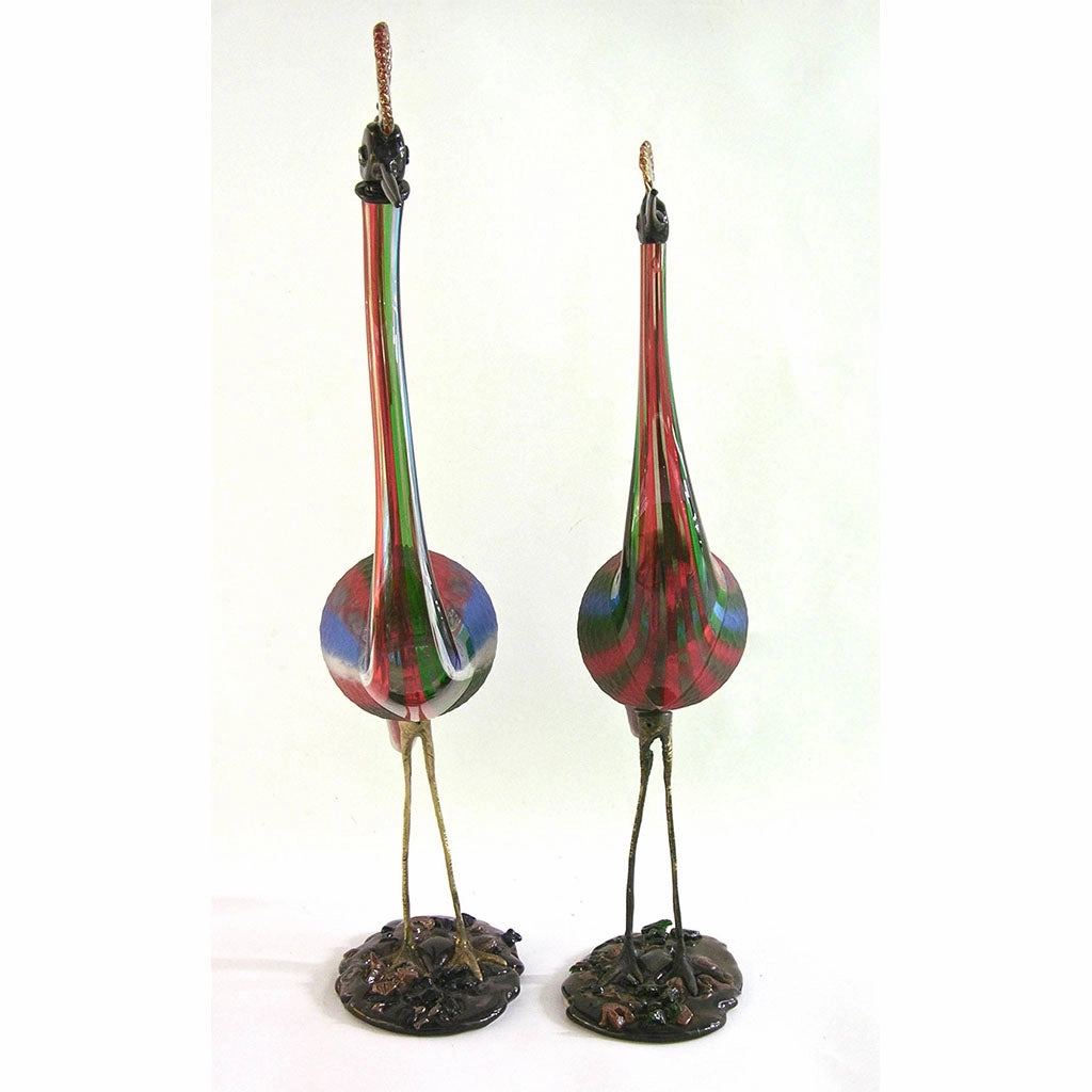 Vintage Italian Tall Red Blue Green Glass Crested Bird Sculpture
