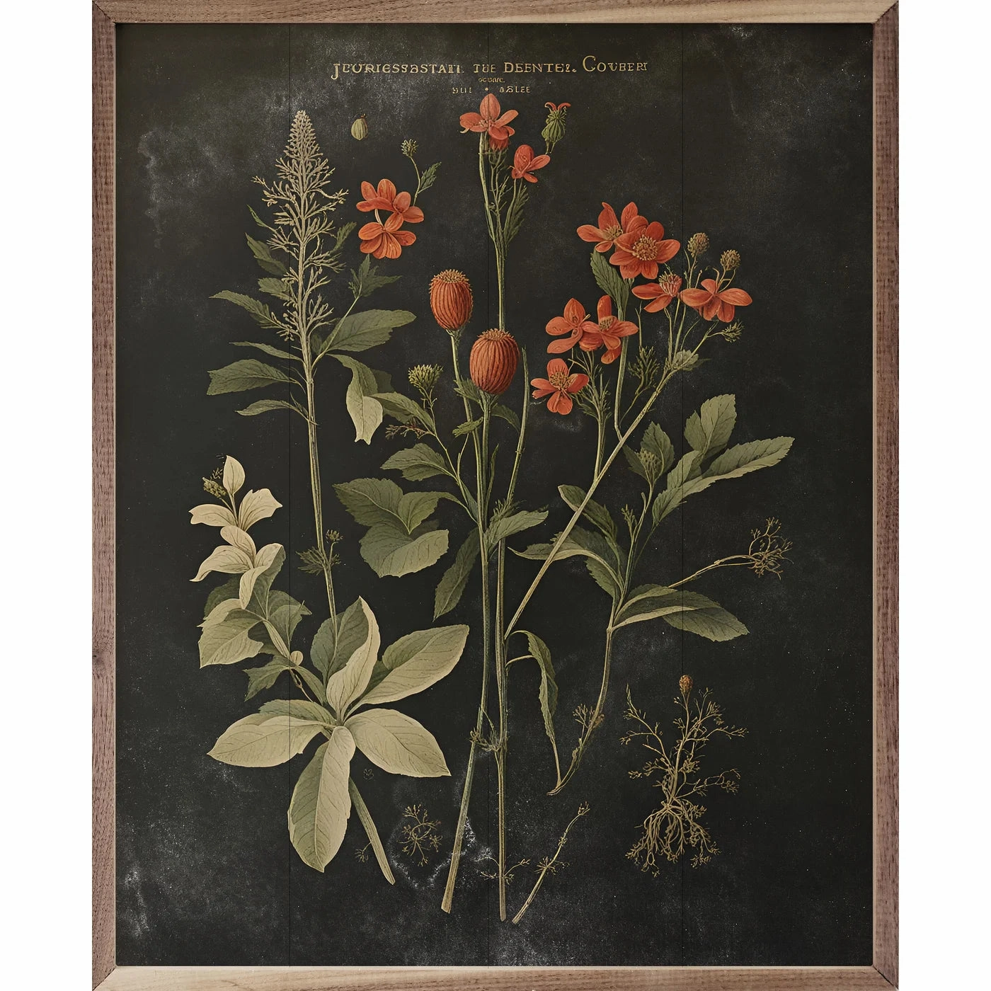 Vintage Orange Floral Print Black Wood Framed Print 