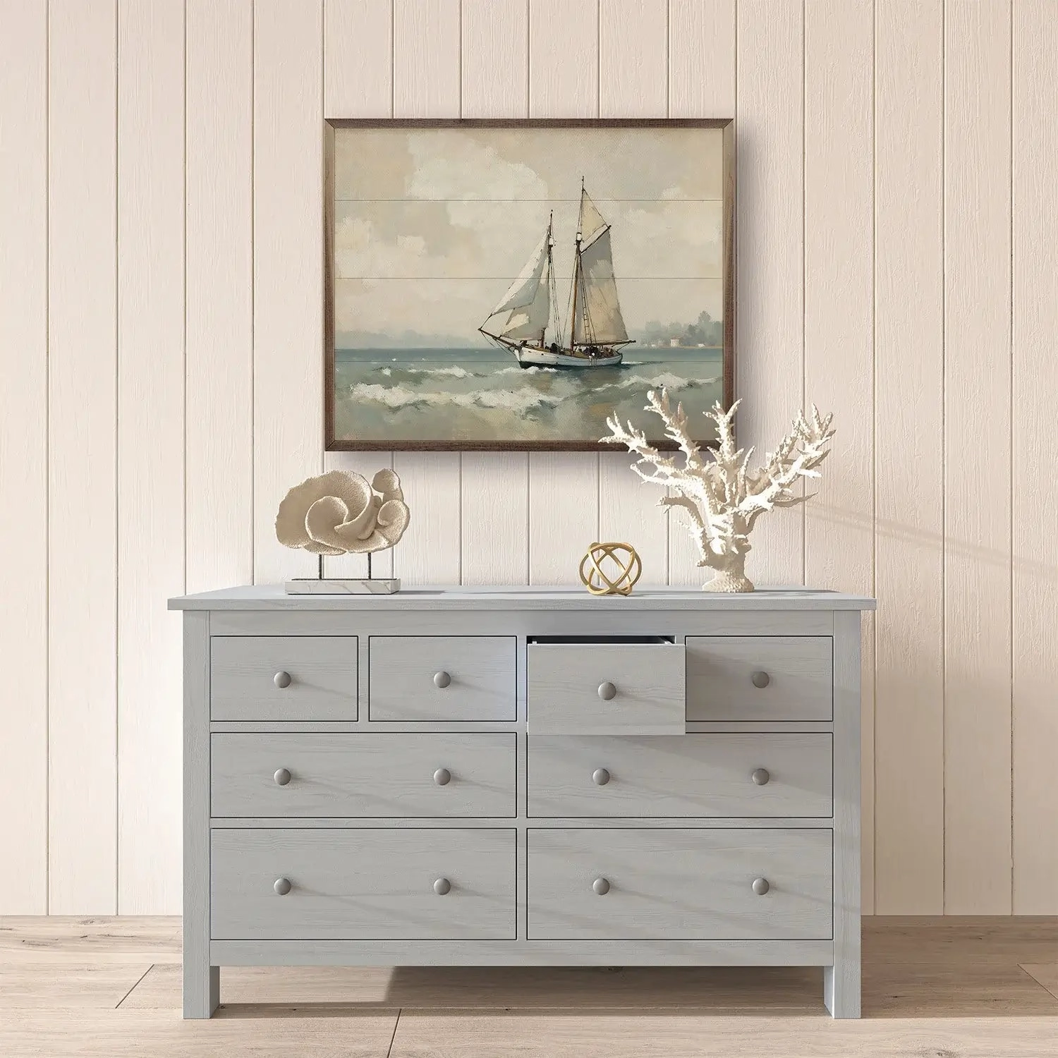 Vintage Sailboat On The Coast Wood Framed Print