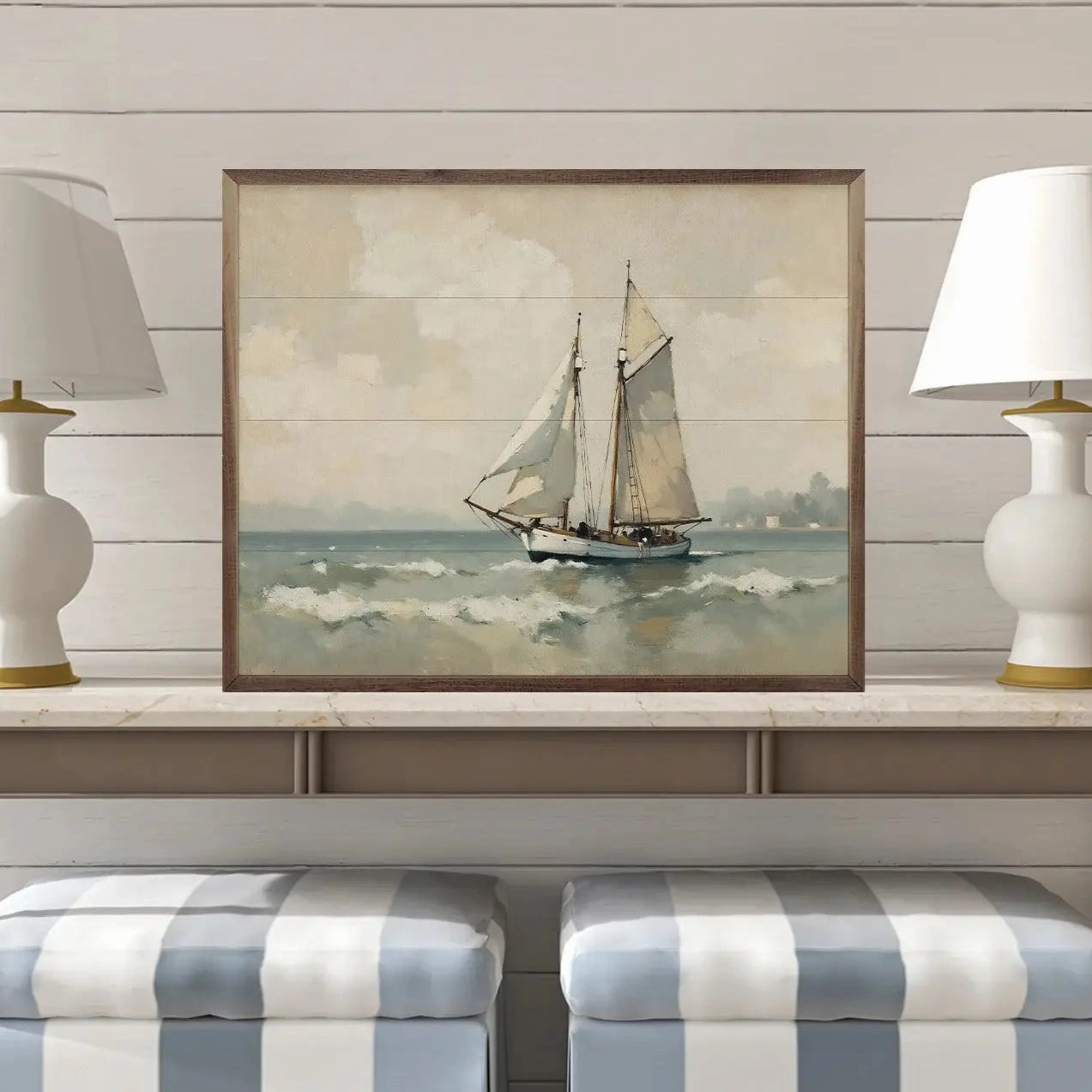 Vintage Sailboat On The Coast Wood Framed Print 