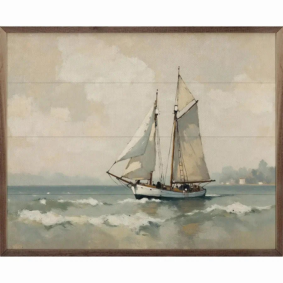 Vintage Sailboat On The Coast Wood Framed Print