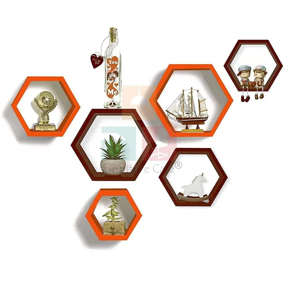 Wall Shelves - Wooden Shelf Home Decor Items Rack for Living Room, Bedroom, Kitchen Corner, Office (Set of 6) Size- Standard | Colour- Orange & Brown)