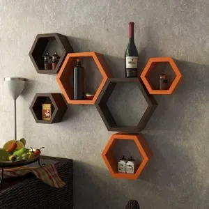 Wall Shelves - Wooden Shelf Home Decor Items Rack for Living Room, Bedroom, Kitchen Corner, Office (Set of 6) Size- Standard | Colour- Orange & Brown) 