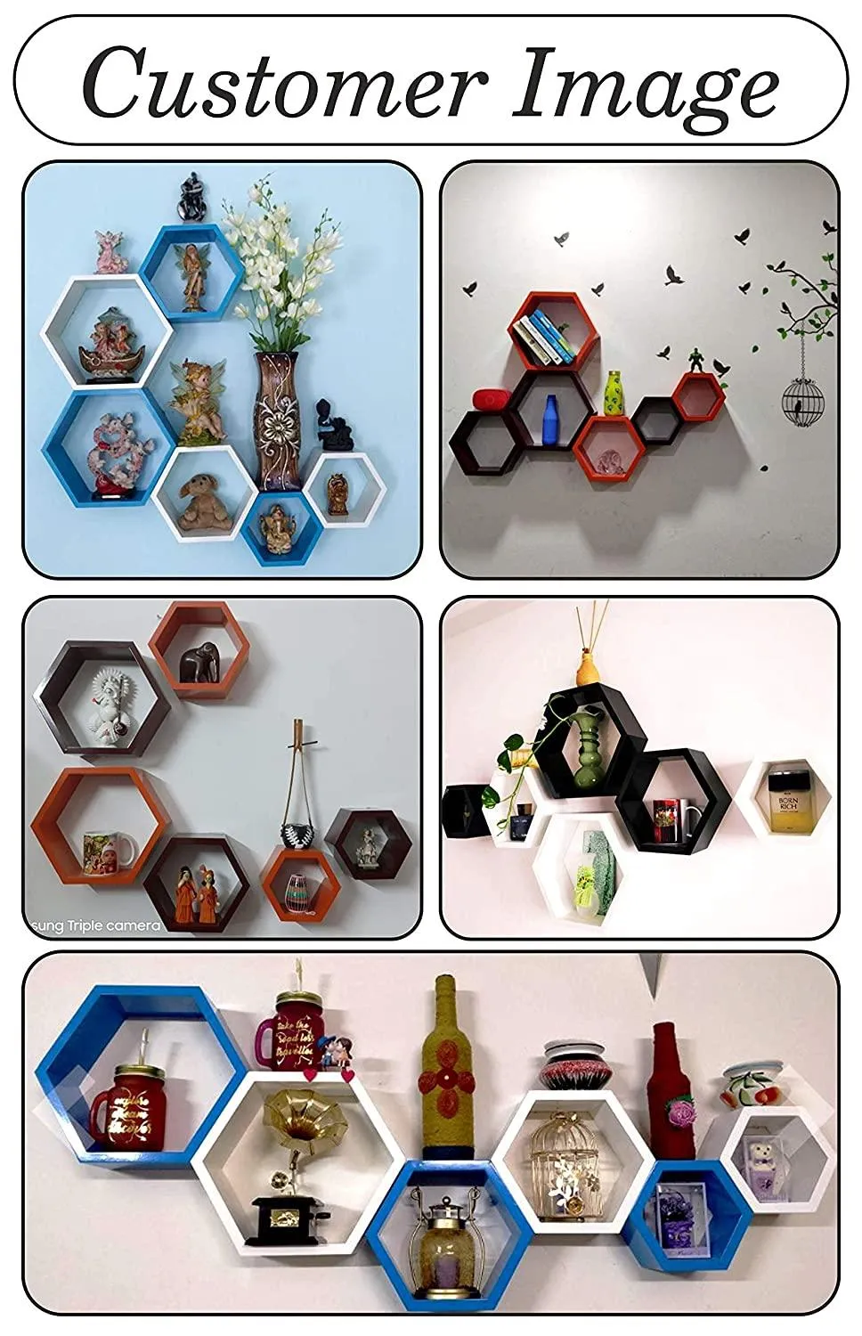 Wall Shelves - Wooden Shelf Home Decor Items Rack for Living Room, Bedroom, Kitchen Corner, Office (Set of 6) Size- Standard | Colour- Orange & Brown)