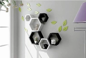 Wall Shelf for Living Room Stylish | Hexagonal Designer Wooden Shelves | Display Rack for Bedroom, Kitchen, Office (Set of 6| Color- Black & White) 