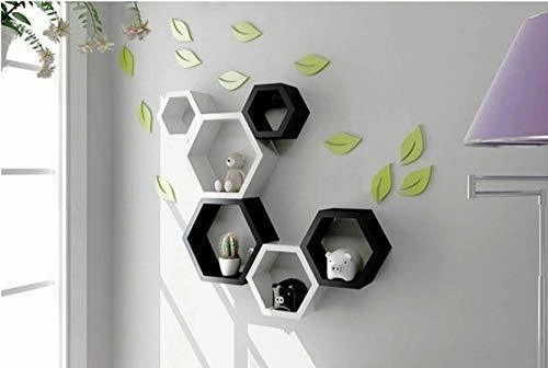 Wall Shelf for Living Room Stylish | Hexagonal Designer Wooden Shelves | Display Rack for Bedroom, Kitchen, Office (Set of 6| Color- Black & White) 