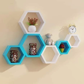 Wall Shelf for Living Room Stylish | Hexagonal Designer Wooden Shelves | Display Rack for Bedroom, Kitchen, Office (Set of 6| Color-White & Sky Blue) 