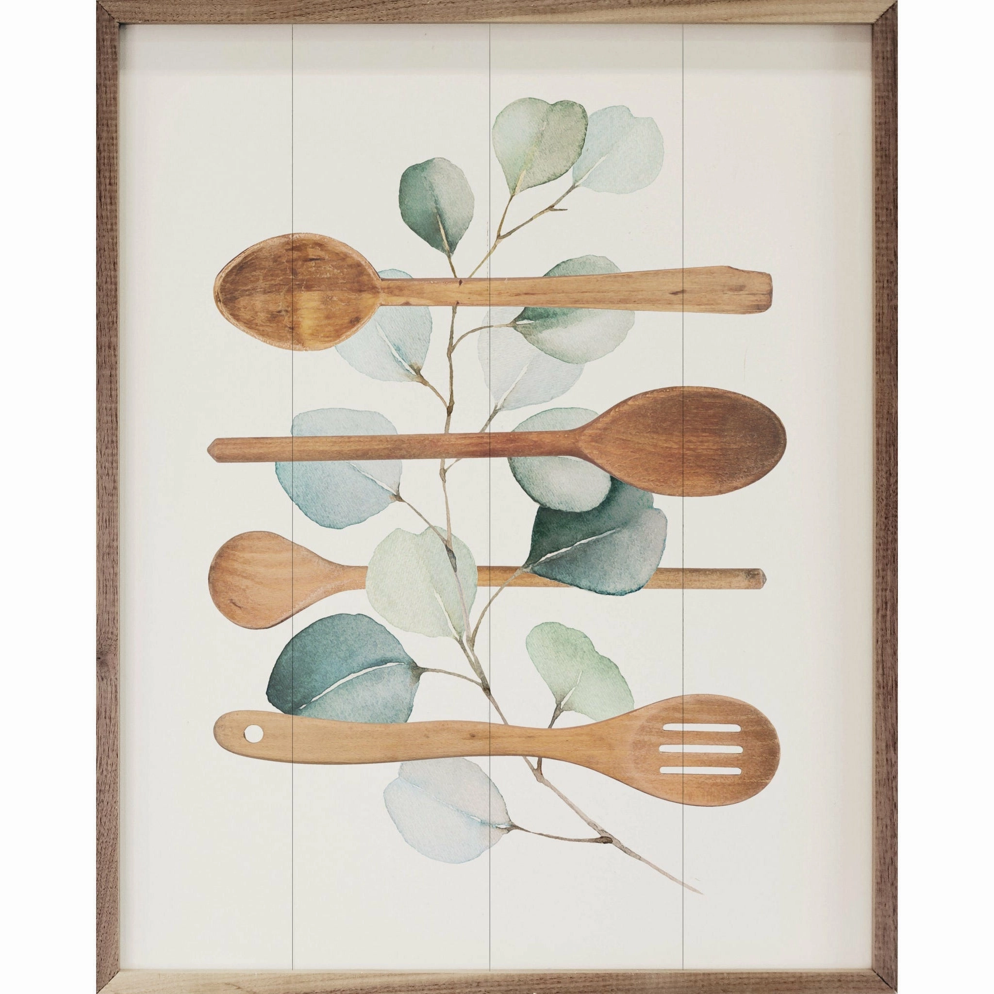 Watercolor Eucalyptus & Spoons Wood Framed Print 